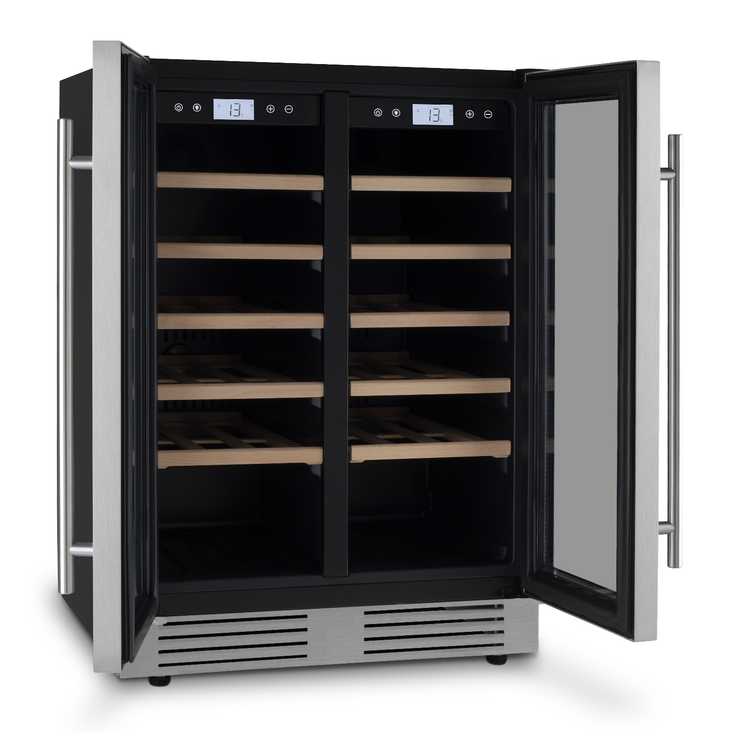 Ein offener Weinkühlschrank mit zwei Türen und Holzböden.