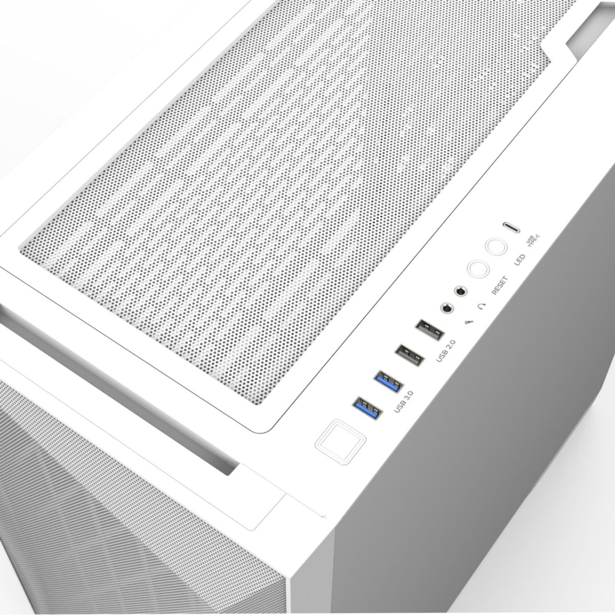 White PC case top with mesh ventilation and ports.