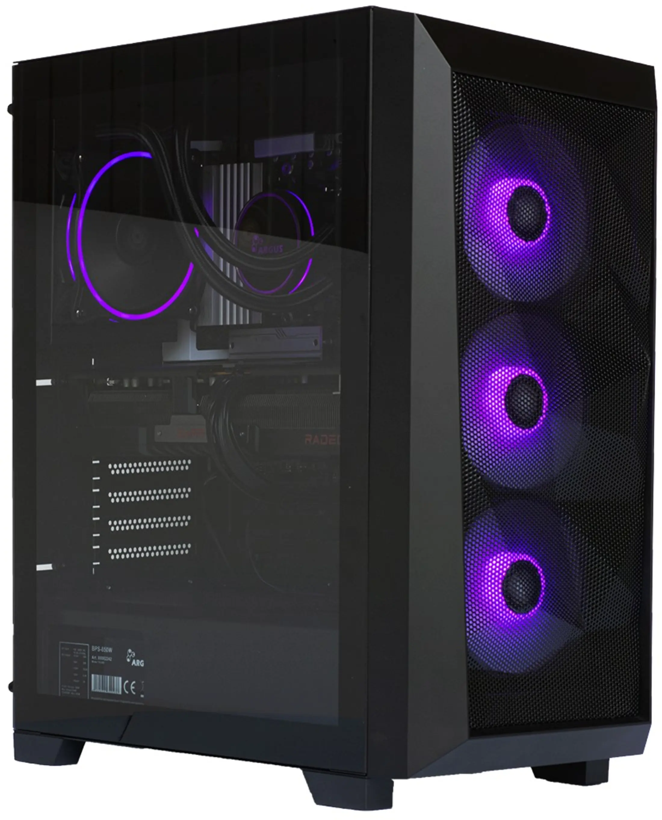 Zwarte pc-toren met glazen zijpaneel, paarse ventilatorverlichting en mesh-voorkant.