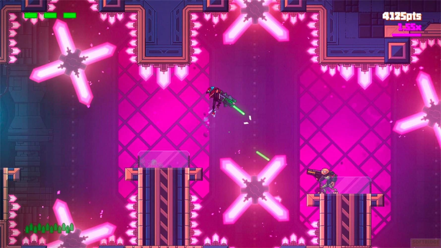 Un personaggio giocatore spara a un nemico in un'arena futuristica rosa neon.