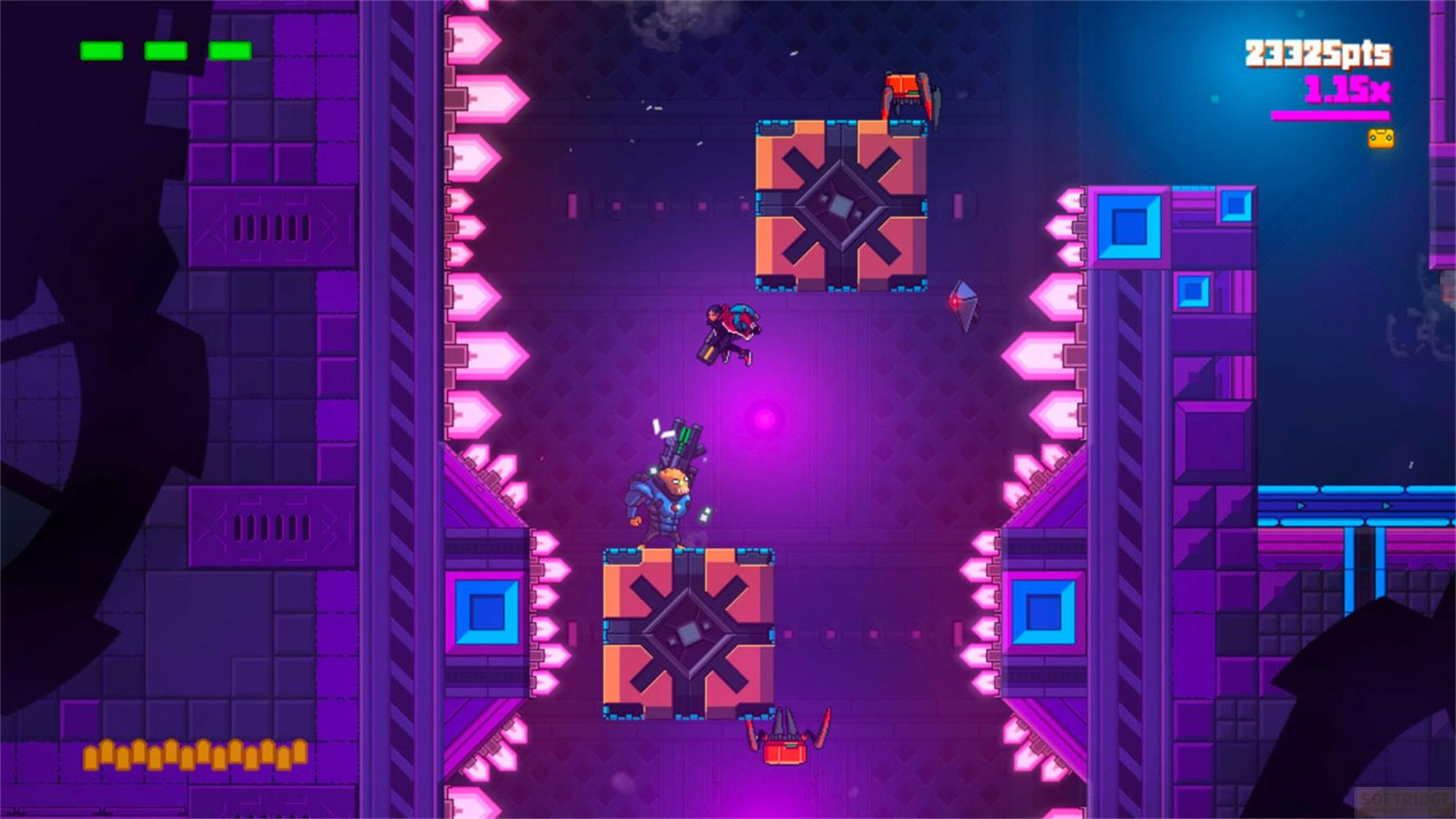 Due personaggi pixellati in un'arena sci-fi viola neon e blu. Uno salta, uno sta in piedi.