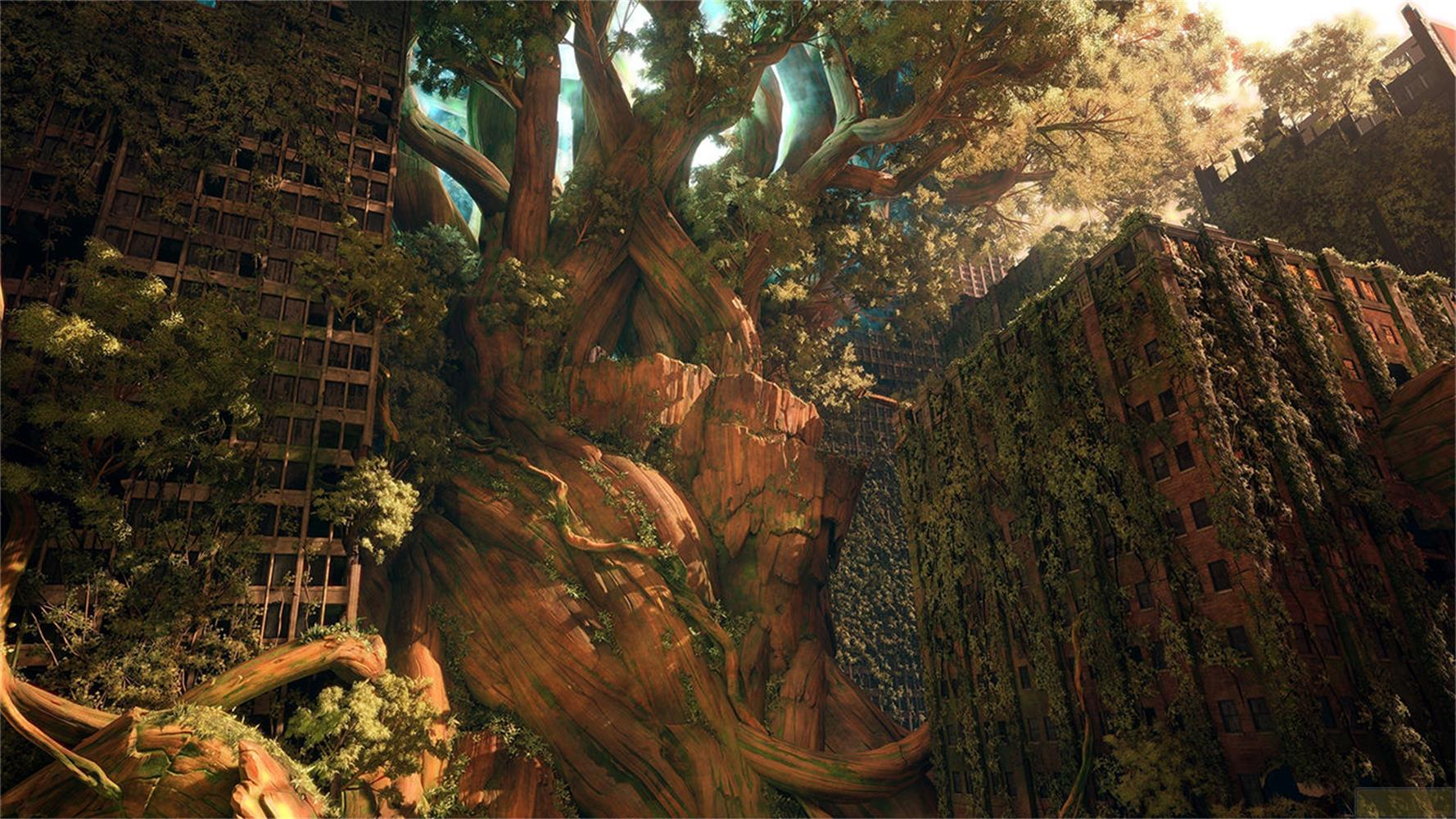 Un arbre géant pousse autour de bâtiments en décomposition. La nature envahit l'architecture.