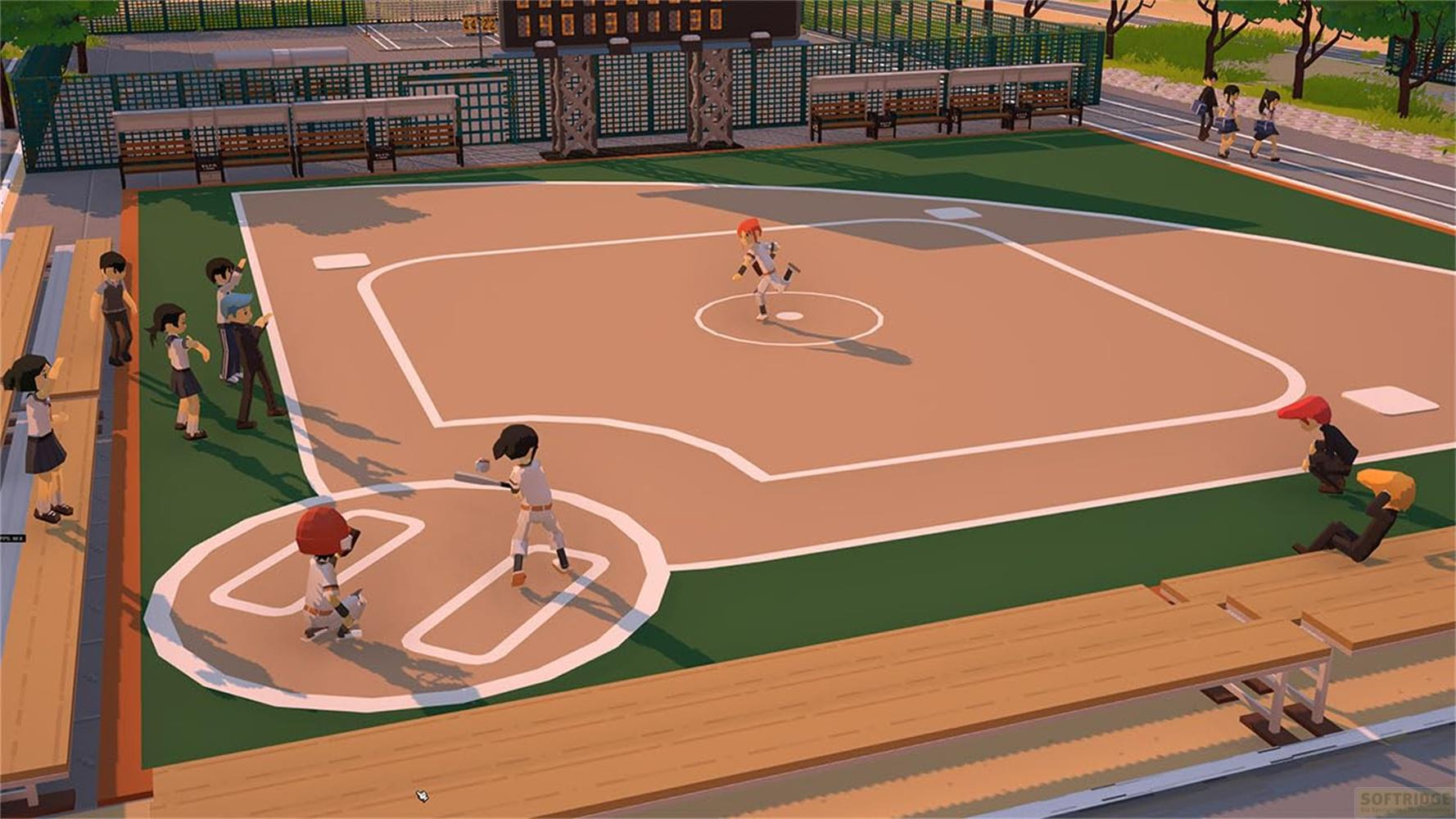 Partita di baseball con bambini in campo e tribune, vista dall'alto.