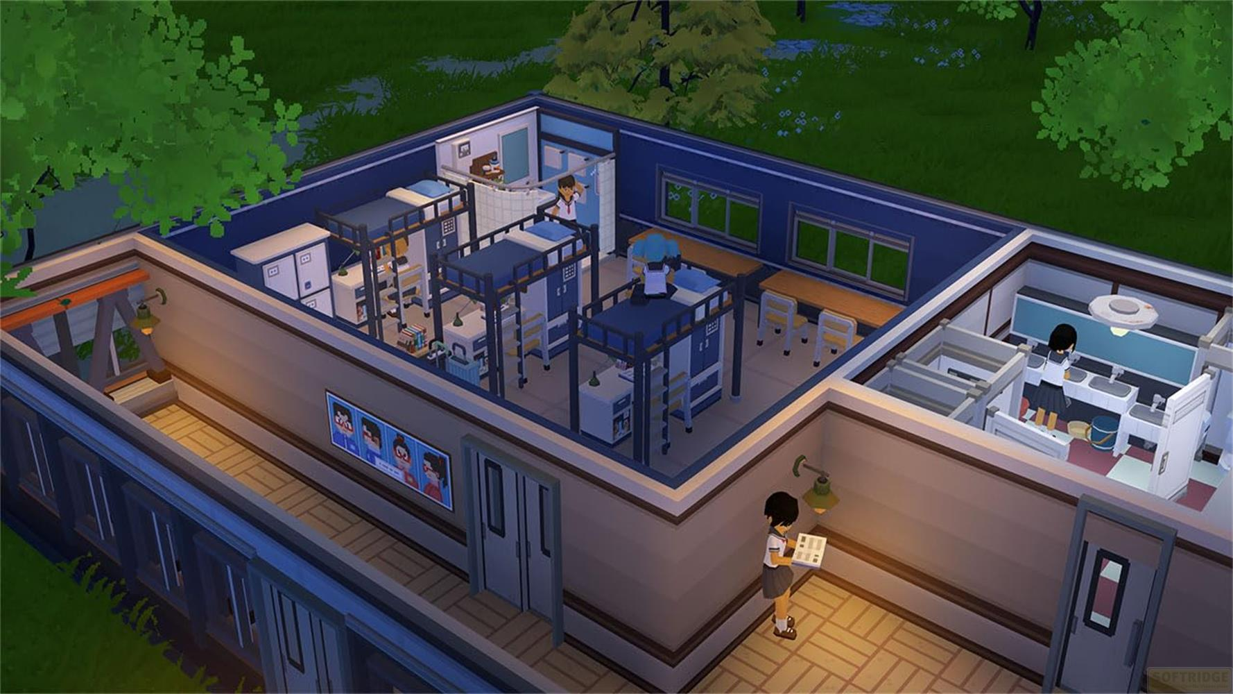 Un edificio scolastico con dormitori, un bagno e un'aula.