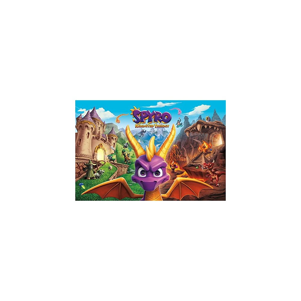 Spyro il drago davanti a un castello e una grotta, intitolato 'Spyro Reignited Trilogy'.