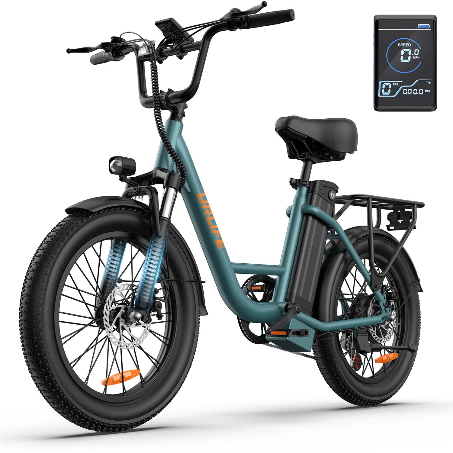 E-bike turchese con pneumatici larghi, forcella ammortizzata e display digitale.