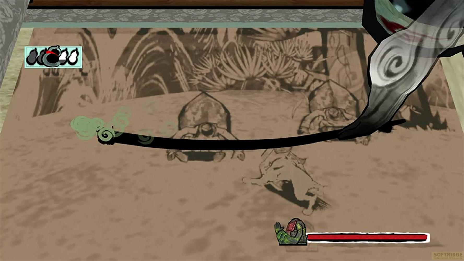 Un personaggio di gioco con una barra della salute rossa in primo piano. Creature stilizzate sono visibili sullo sfondo.