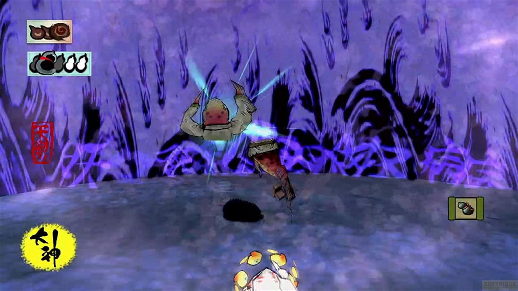 Un personaggio animato con naso rosso combatte in un ambiente viola e spinoso.