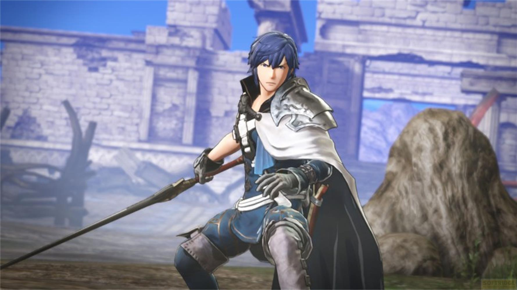 Un uomo con capelli blu in armatura e mantello bianco tiene una lancia.
