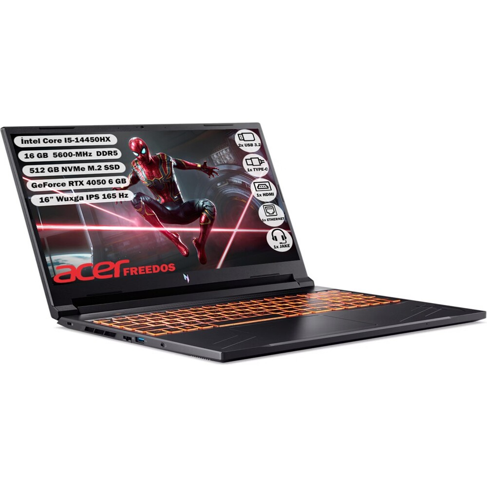 Spiderman duvar kağıtlı Acer oyun dizüstü bilgisayarı, Intel Core i5, RTX 4050 ve arkadan aydınlatmalı klavye.