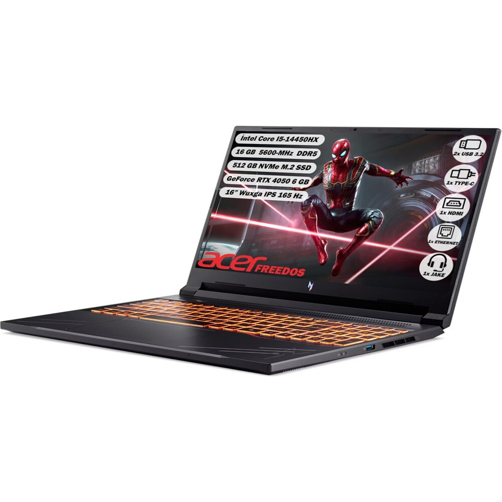 Aydınlatmalı klavyeli ve Spiderman duvar kağıtlı siyah Acer dizüstü bilgisayar.