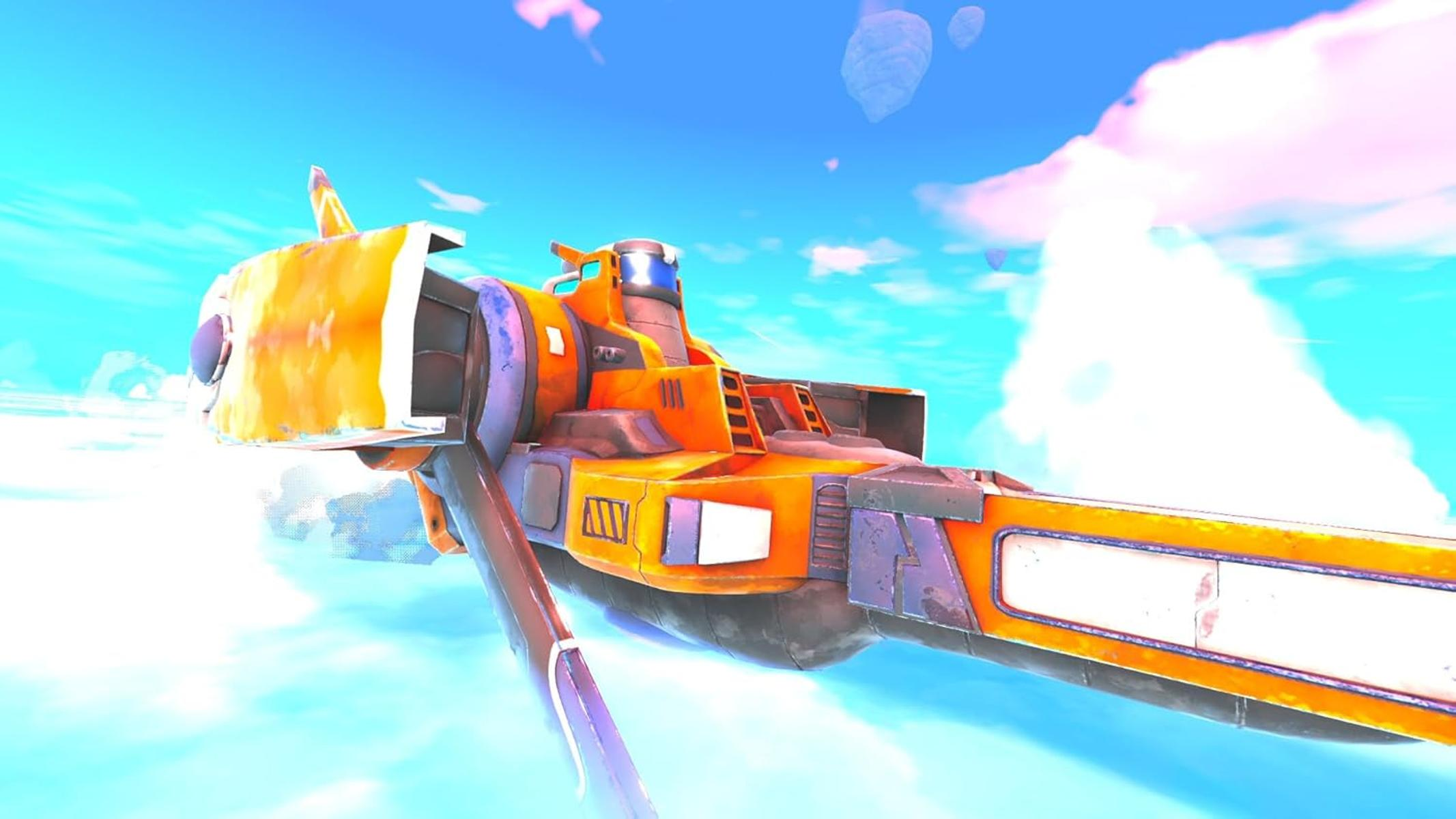 Ein orangefarbenes Raumschiff fliegt durch eine Wolkenlandschaft mit blauem Himmel.