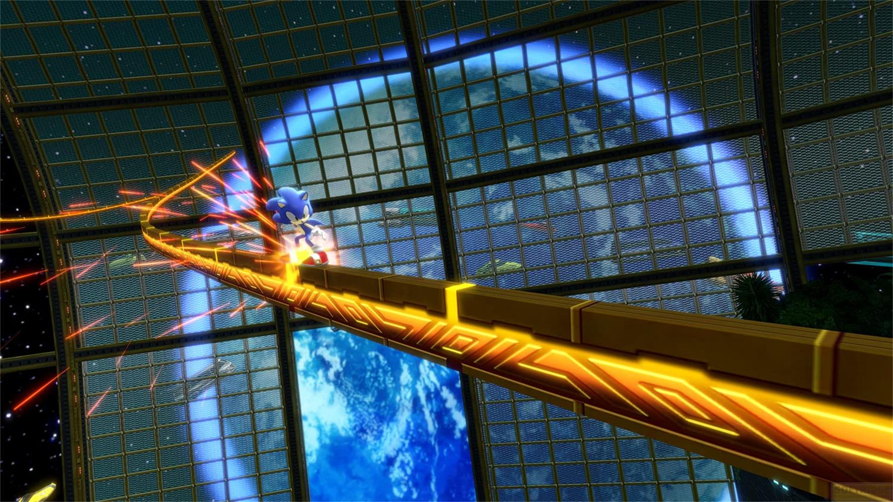 Sonic court sur une piste dorée aux lignes lumineuses, entouré d'étoiles et de la Terre.