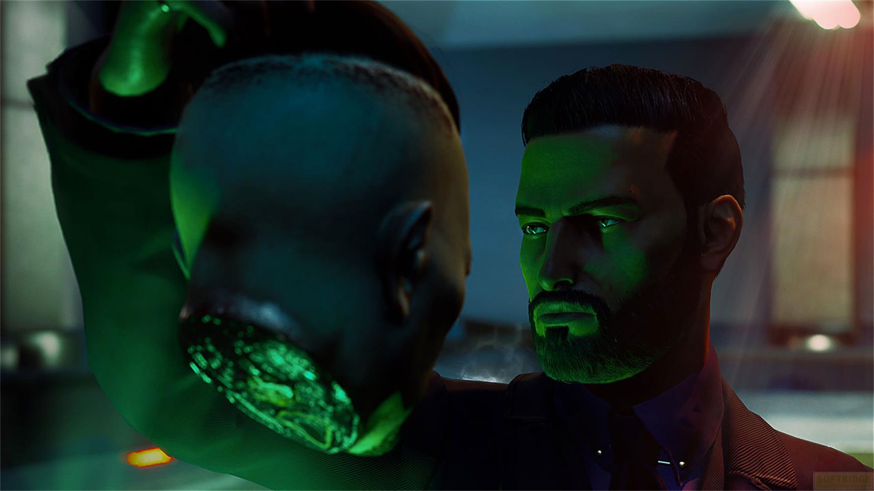Homme barbu en costume éclairé par une lumière verte, regarde une tête chauve.