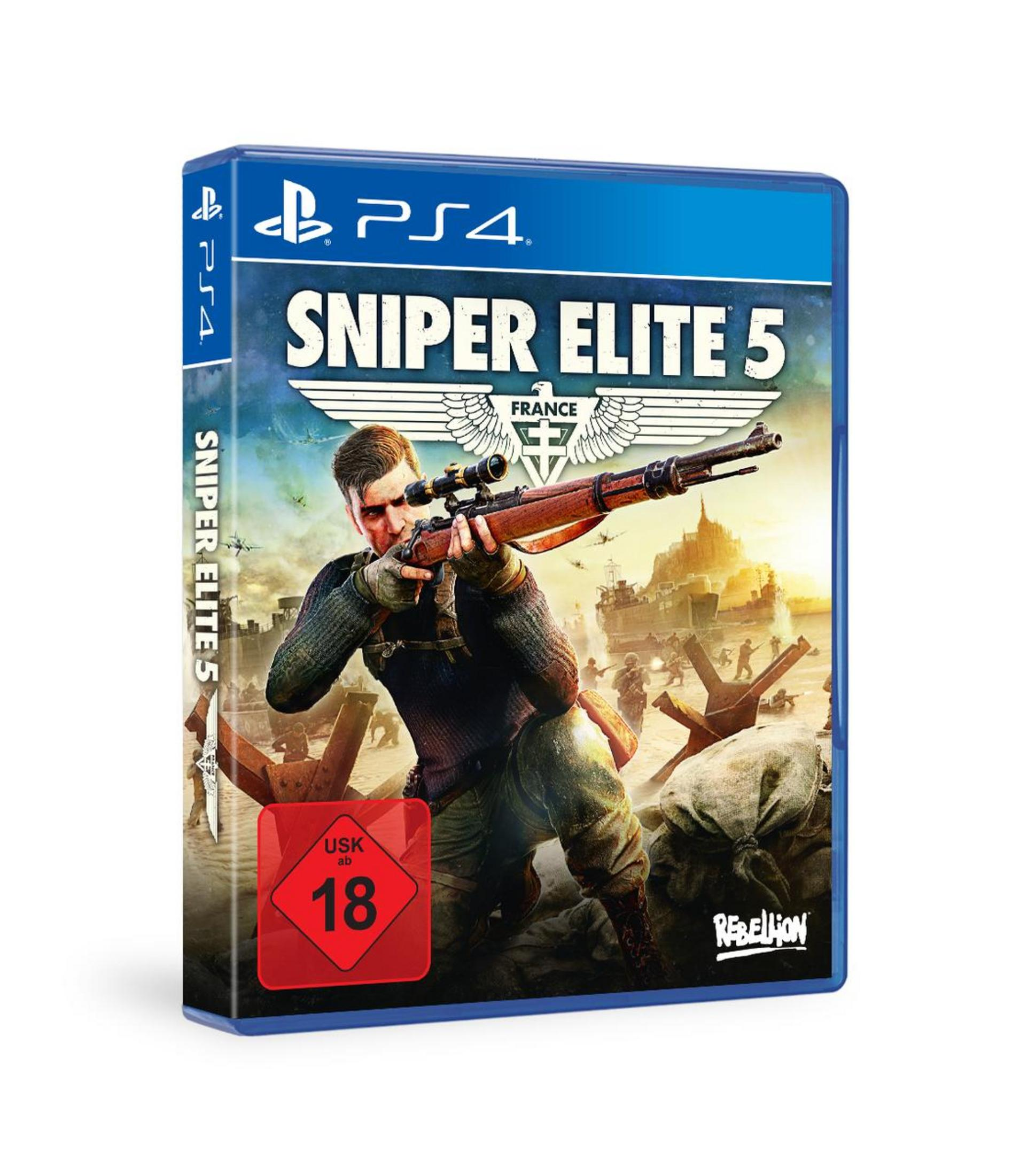 Boîte du jeu PS4 Sniper Elite 5 avec un soldat visant un fusil.