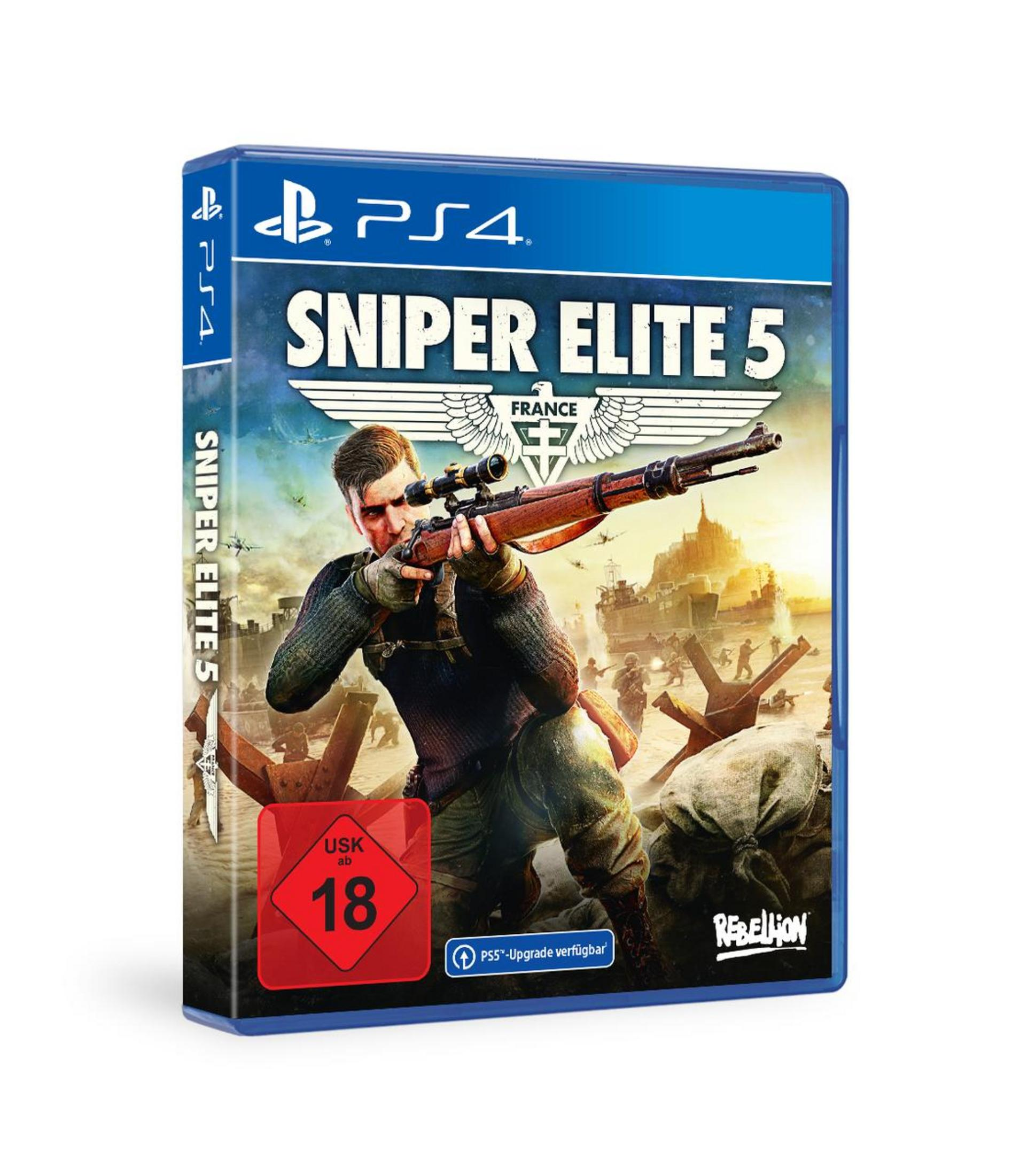 Couverture du jeu PS4 Sniper Elite 5 avec un soldat qui vise. USK 18.