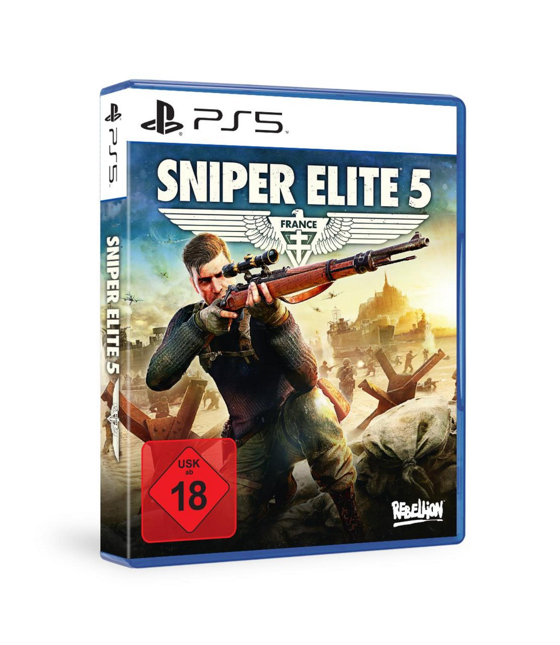 Copertina Sniper Elite 5 PS5: Soldato mira col fucile, sbarco in Normandia in Francia.