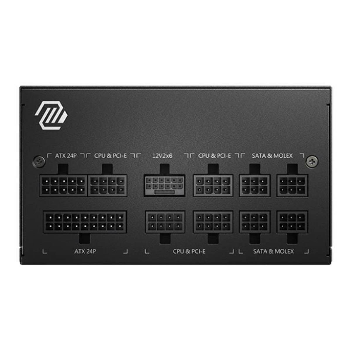 Czarny interfejs zasilacza z wieloma portami: ATX 24P, CPU/PCI-E, 12V2x6.