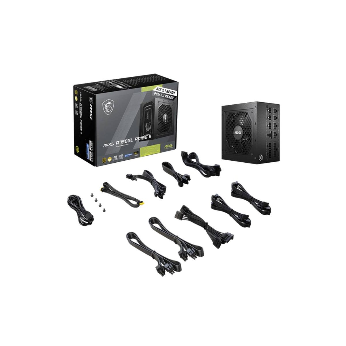 Czarny zasilacz z kablami i pudełkiem, gotowy na ATX 3.1/PCIe 5.1.