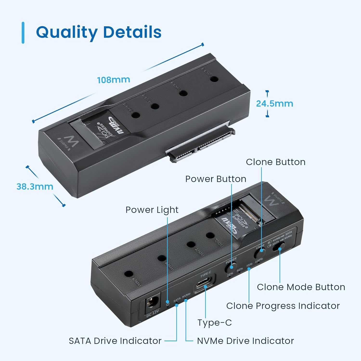 Dock di clonazione nero con porte, pulsanti e dimensioni. Mostra SSD M.2.