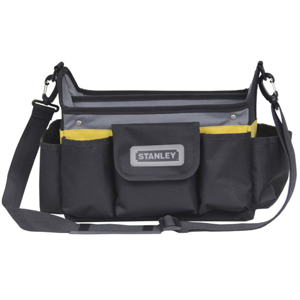 Borsa porta attrezzi nera con accenti gialli, logo Stanley e tracolla.