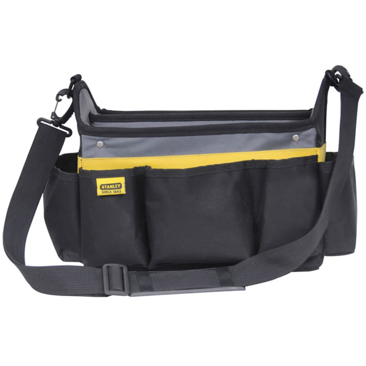 Borsa porta attrezzi nera con accenti gialli e grigi, tasche esterne.