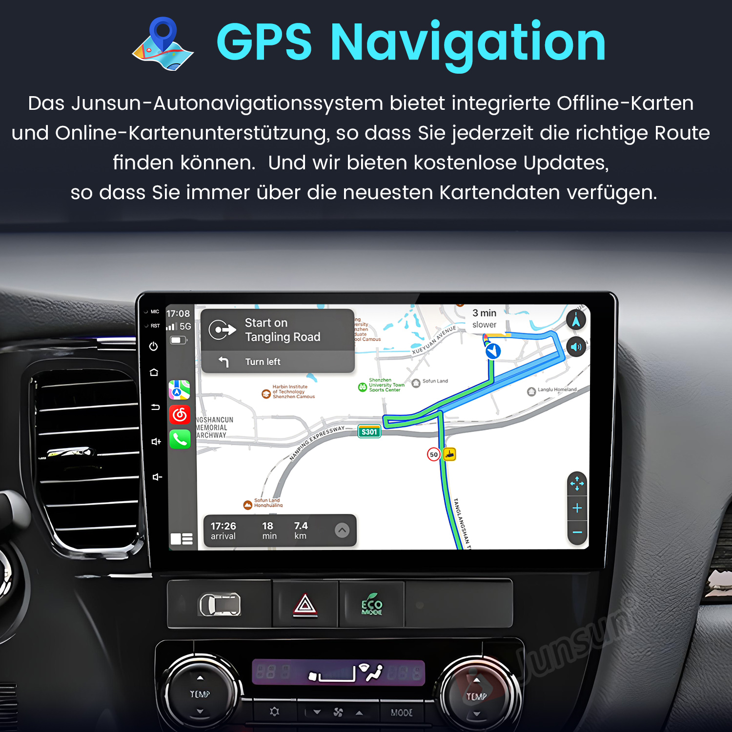 Das Navigationssystem zeigt eine Karte mit Routenführung und Fahranweisungen.