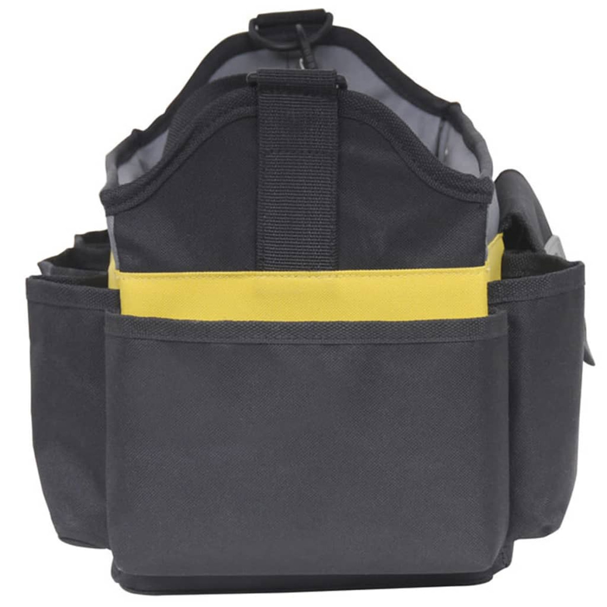 Borsa porta attrezzi nera con striscia gialla e tasche esterne.
