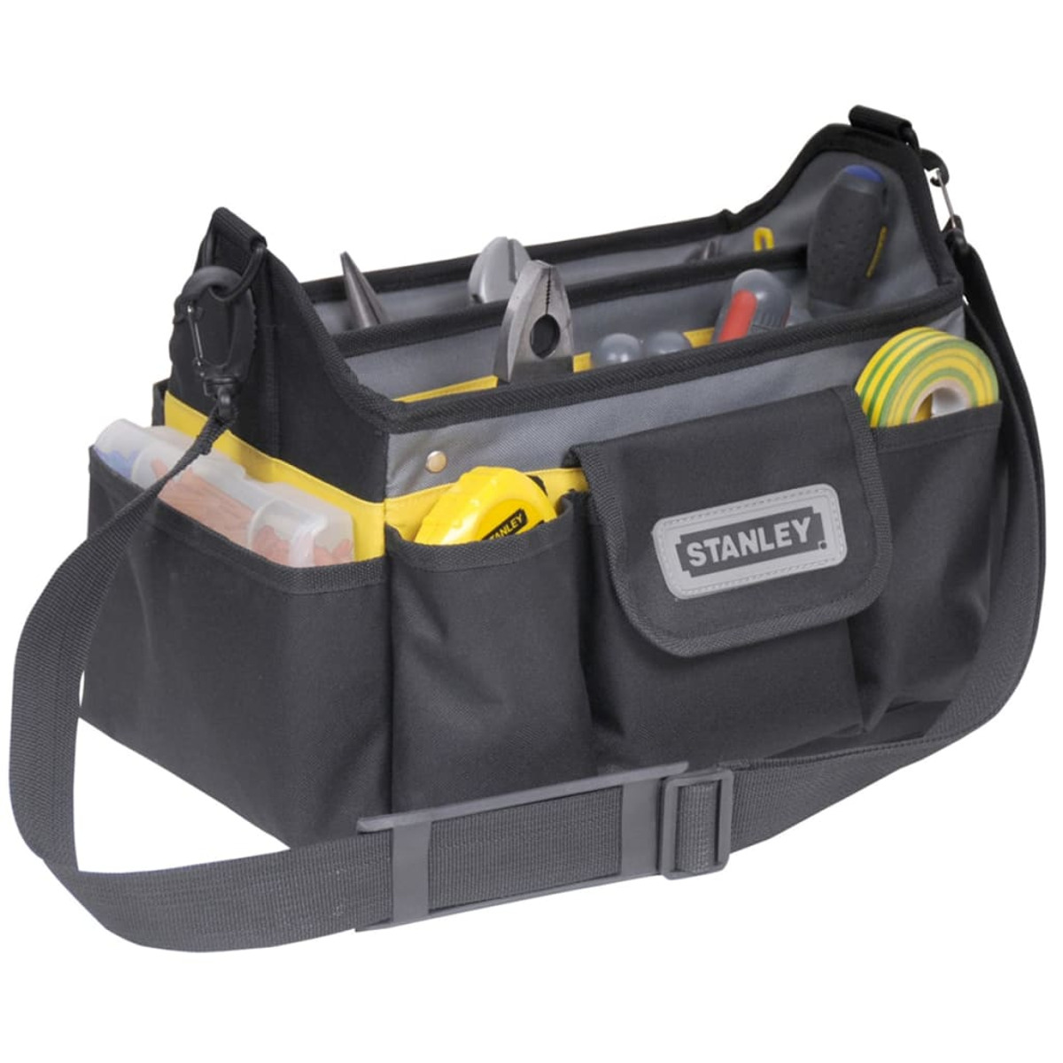 Borsa porta attrezzi Stanley nera con finiture gialle, piena di attrezzi come pinze, cacciaviti e nastro.