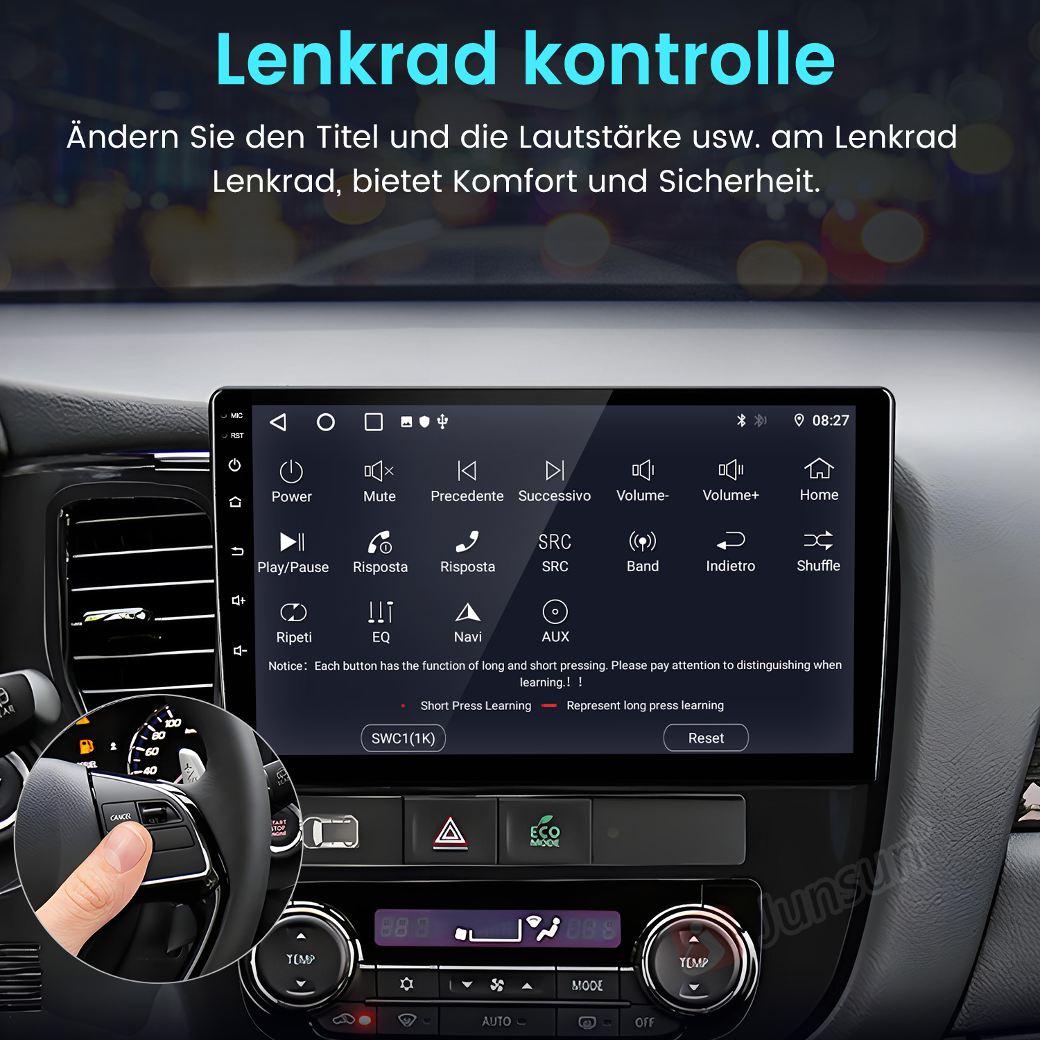 Autoinnenraum mit Touchscreen-Display, das Lenkradsteuerungen zeigt.