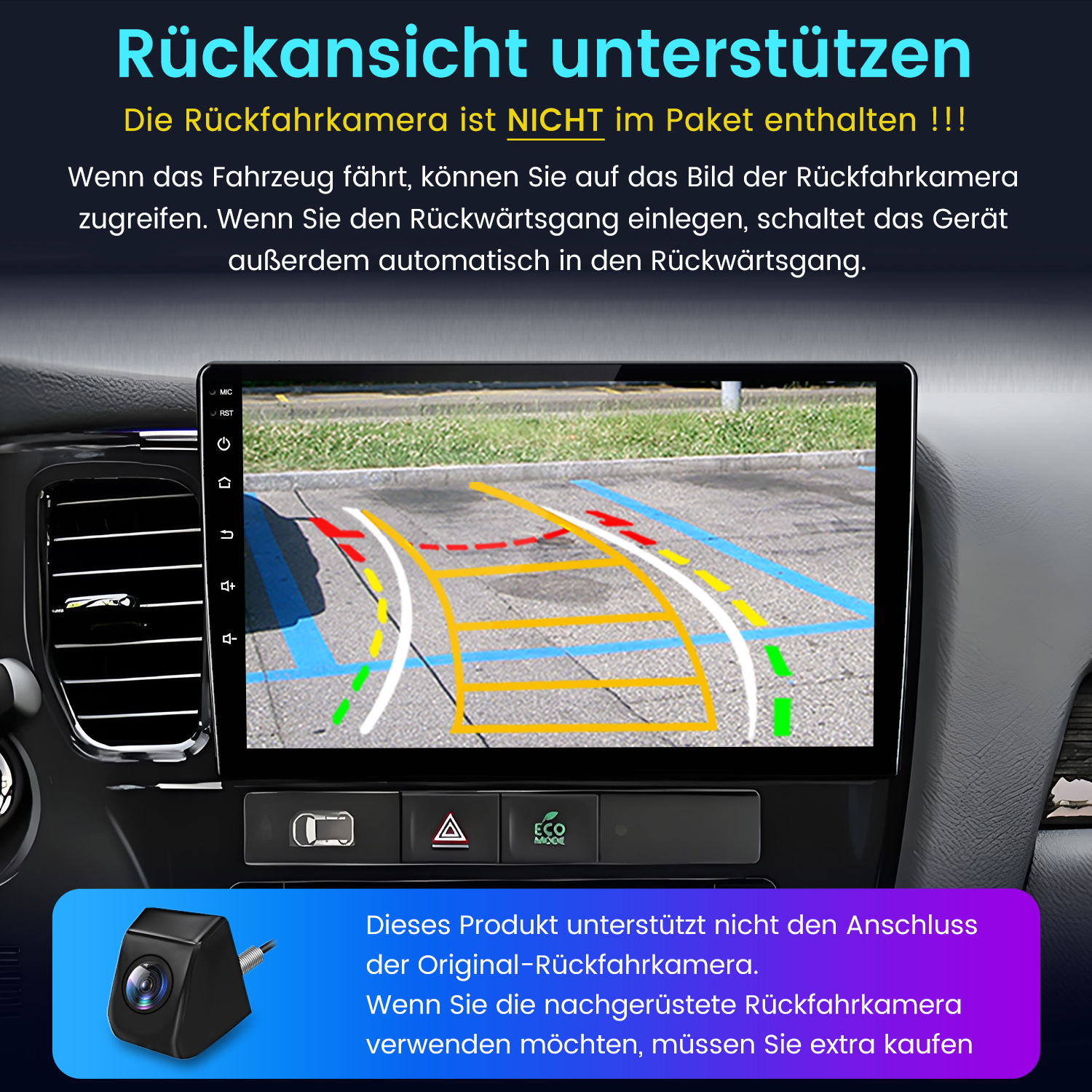 Ein Auto-Infotainmentsystem zeigt eine Rückfahrkameraansicht mit Führungslinien.