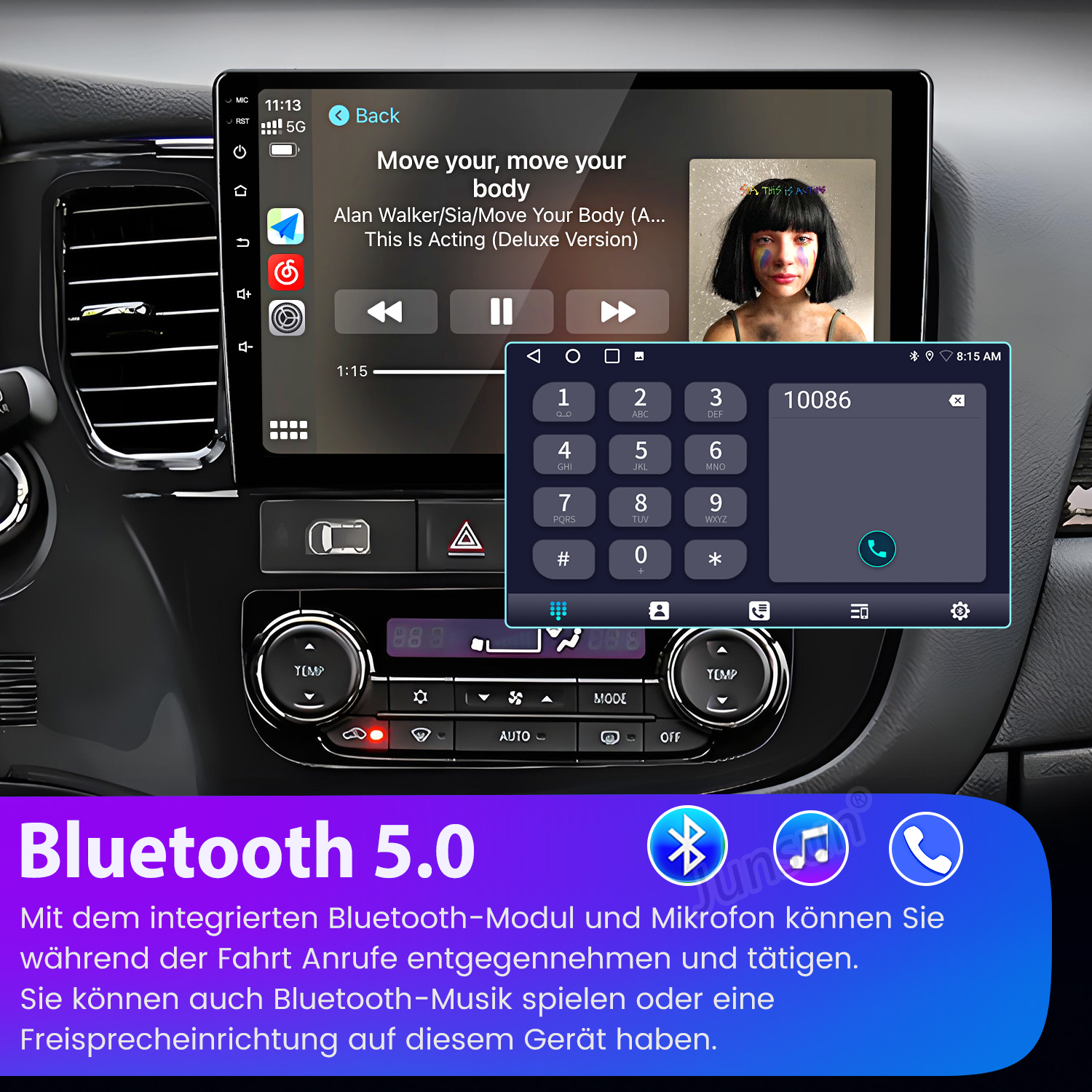 Auto-Infotainment-Bildschirm mit Musik-Player, Telefon-Tastatur und Bluetooth-Symbol.