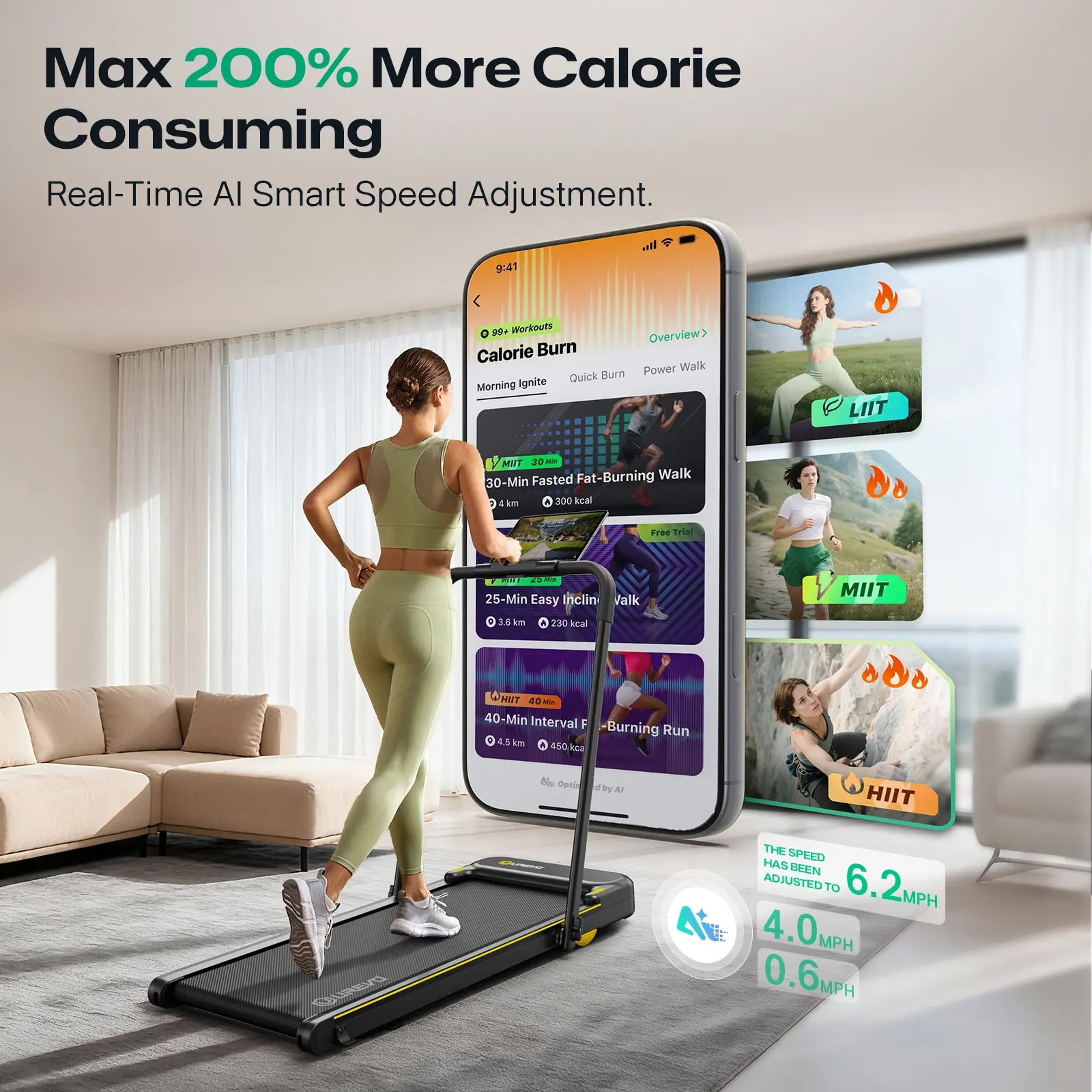 Kobieta biegnie na bieżni, podczas gdy aplikacja na telefonie wyświetla treningi.