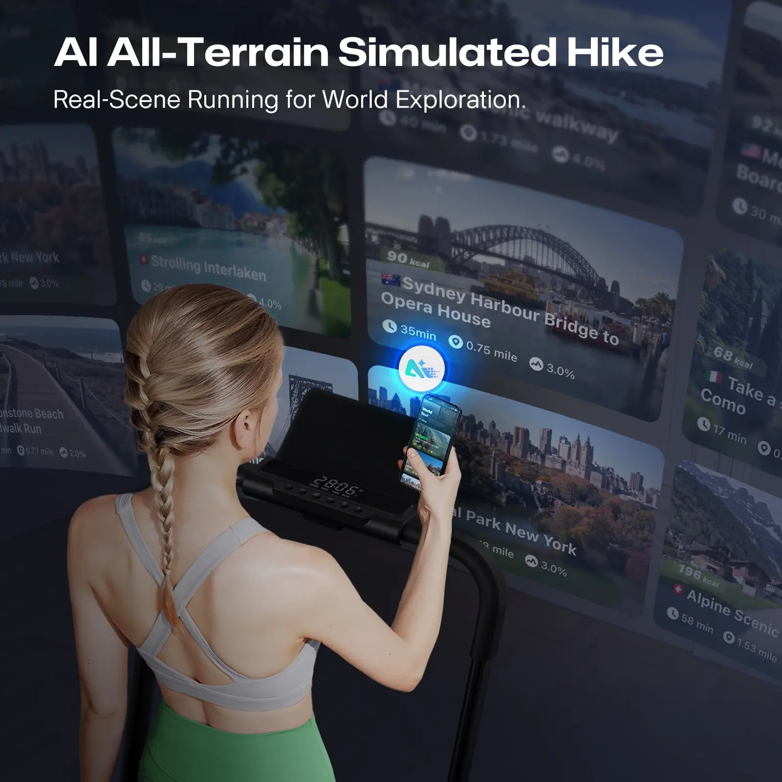 Kobieta na bieżni wybiera wirtualną wędrówkę na telefonie. Wyświetlono wiele miejsc.