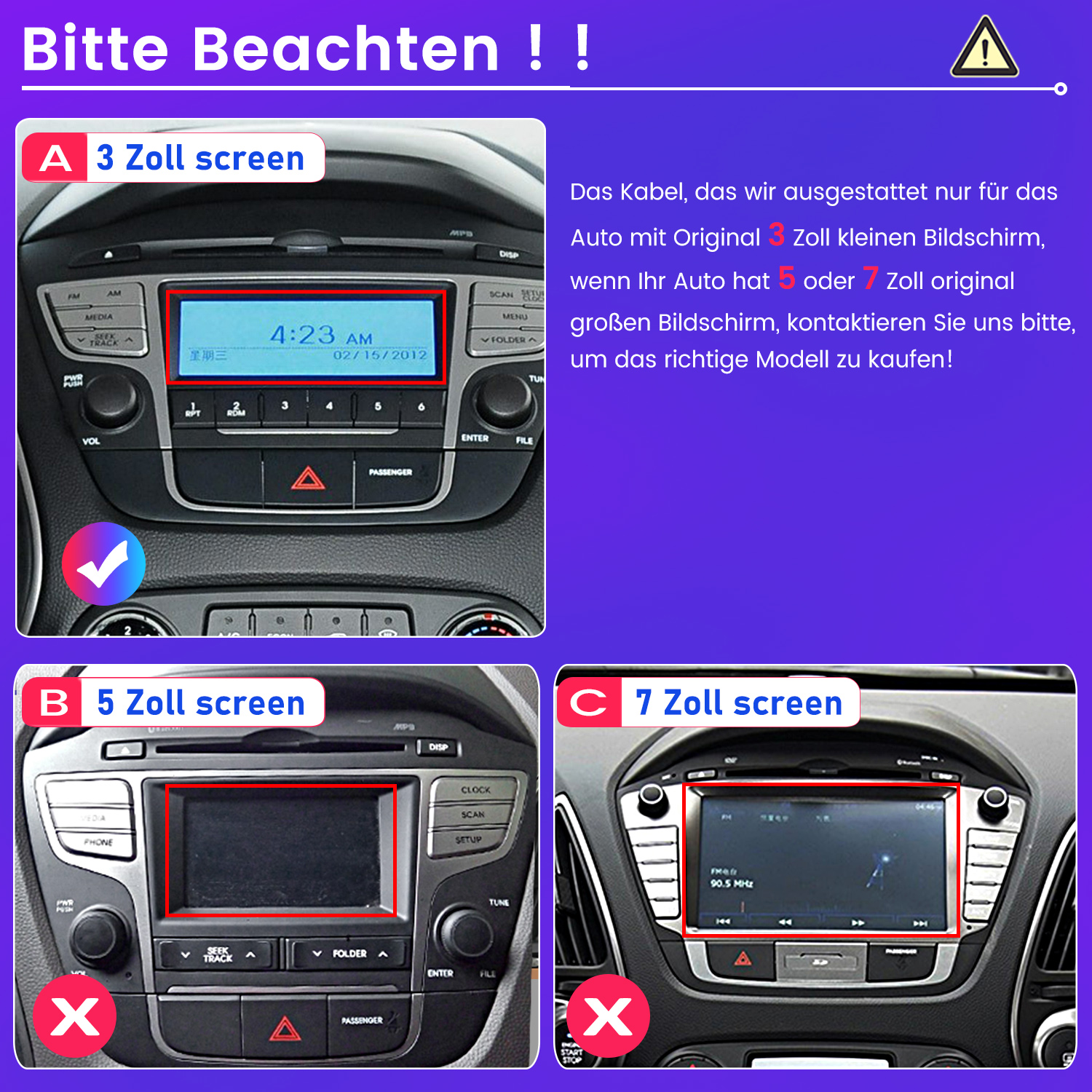Vergleich von 3-, 5- und 7-Zoll-Bildschirmen im Auto mit Warnsymbol.