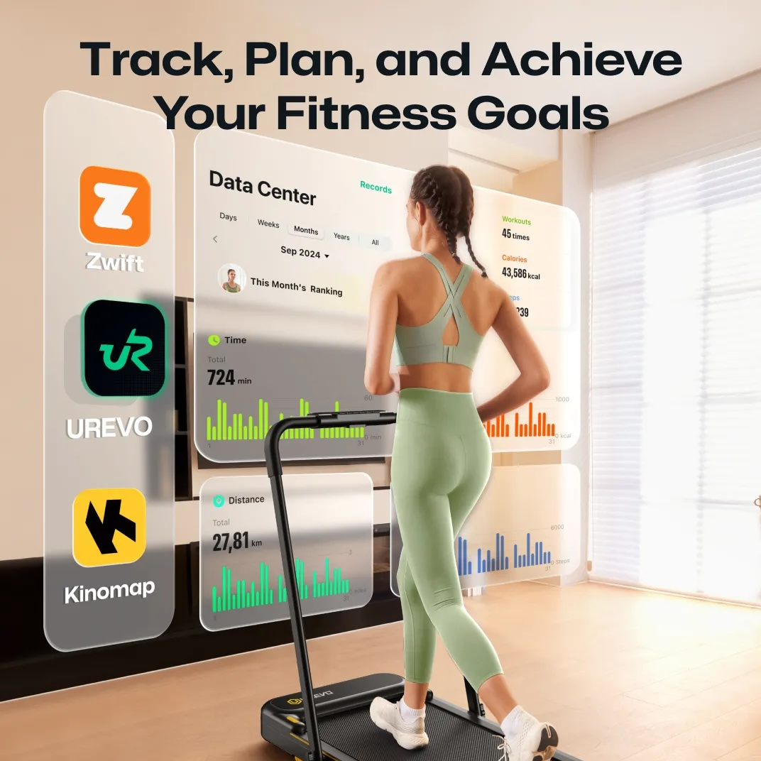 Kobieta biegnie na bieżni, na ekranach widoczne aplikacje fitness i dane.