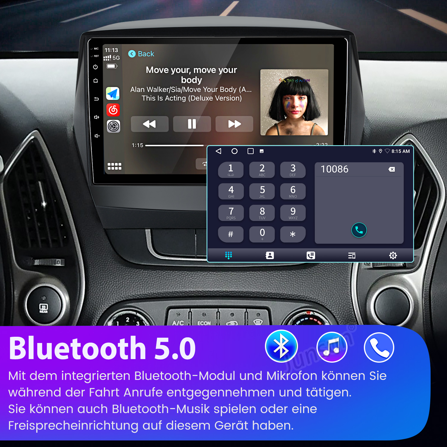 Auto-Infotainmentsystem mit Musikwiedergabe und Telefonie-Tastatur.