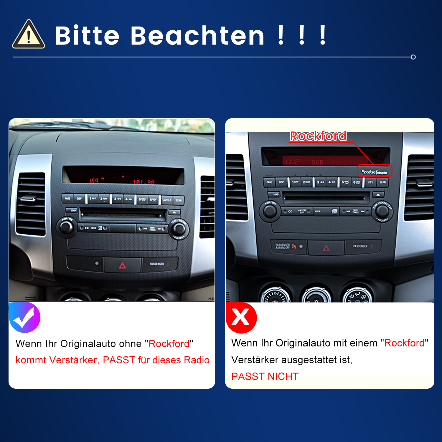Zwei Autoradios im Vergleich: links ohne, rechts mit Rockford-Logo.