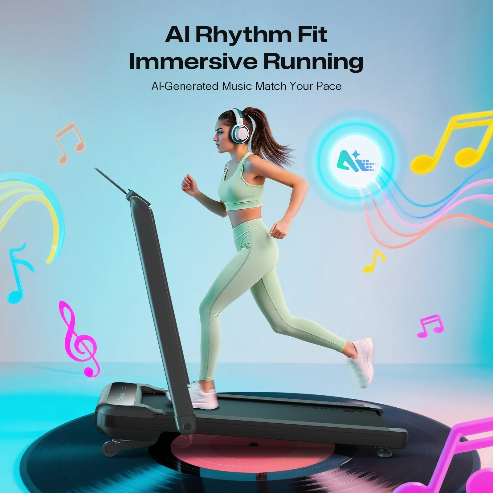 Kobieta w miętowo-zielonym stroju sportowym biegnie na bieżni, otoczona kolorowymi nutami.