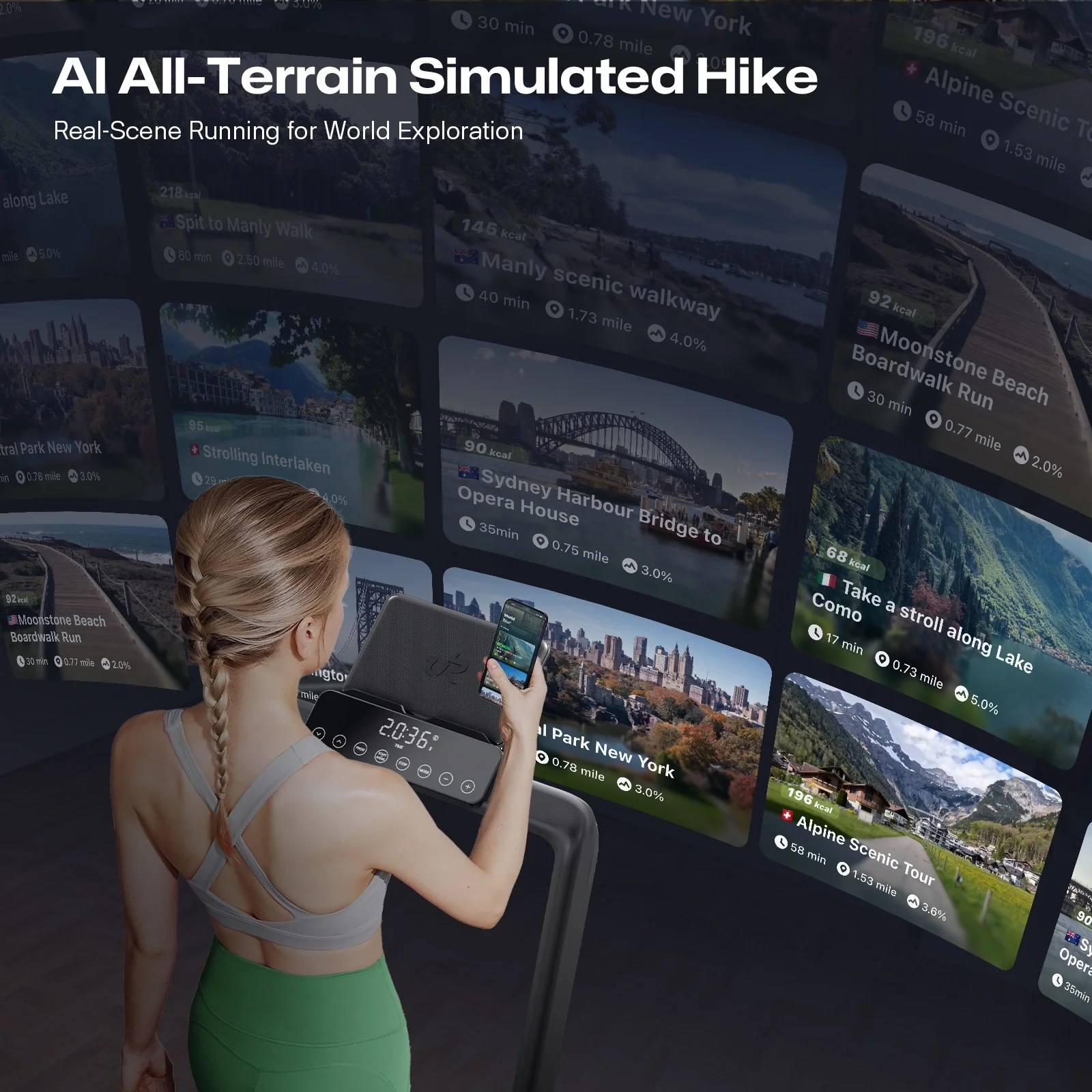 Kobieta biegnie na bieżni, patrząc na ekran z celami biegowymi.