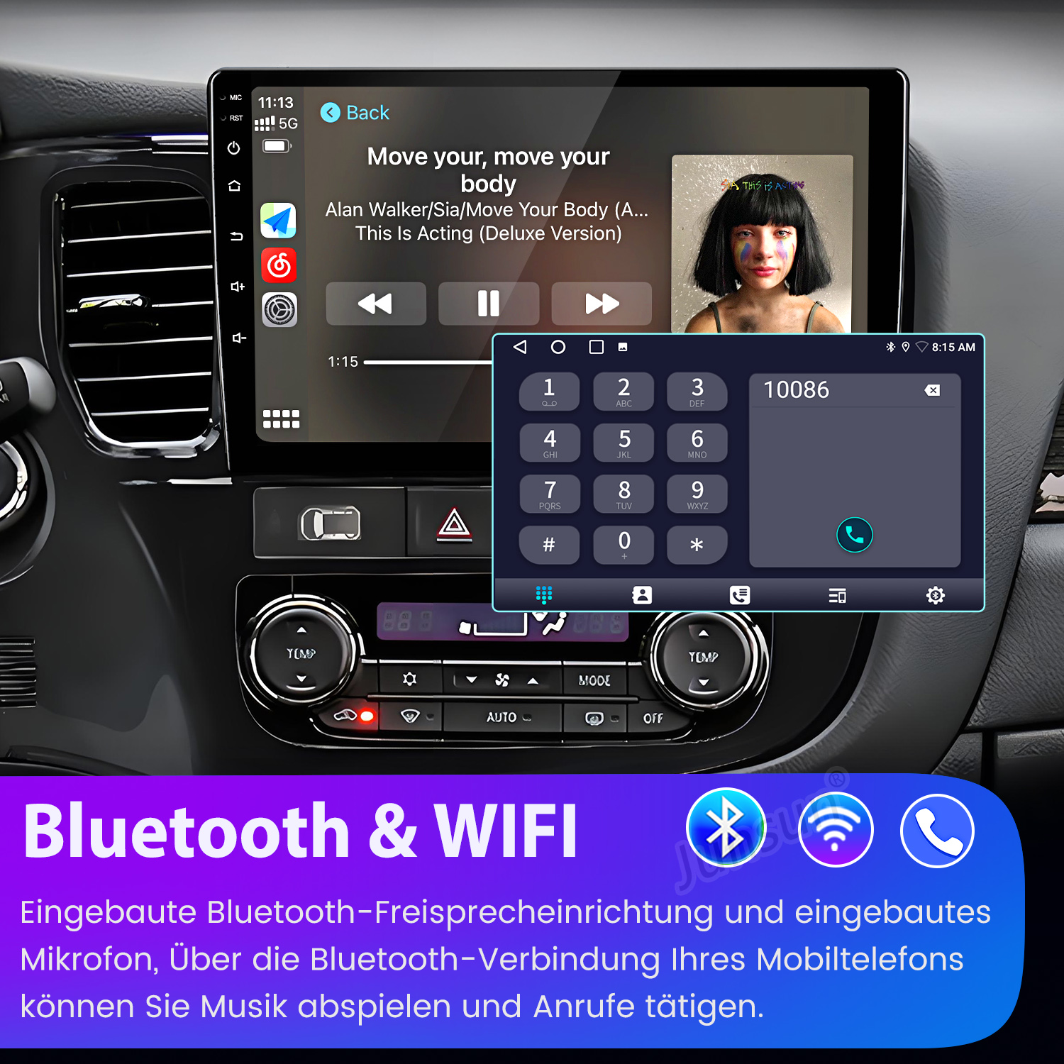 Ein Autoradio-Bildschirm zeigt Musik und ein Ziffernfeld. Unten sind Symbole für Bluetooth und WLAN.