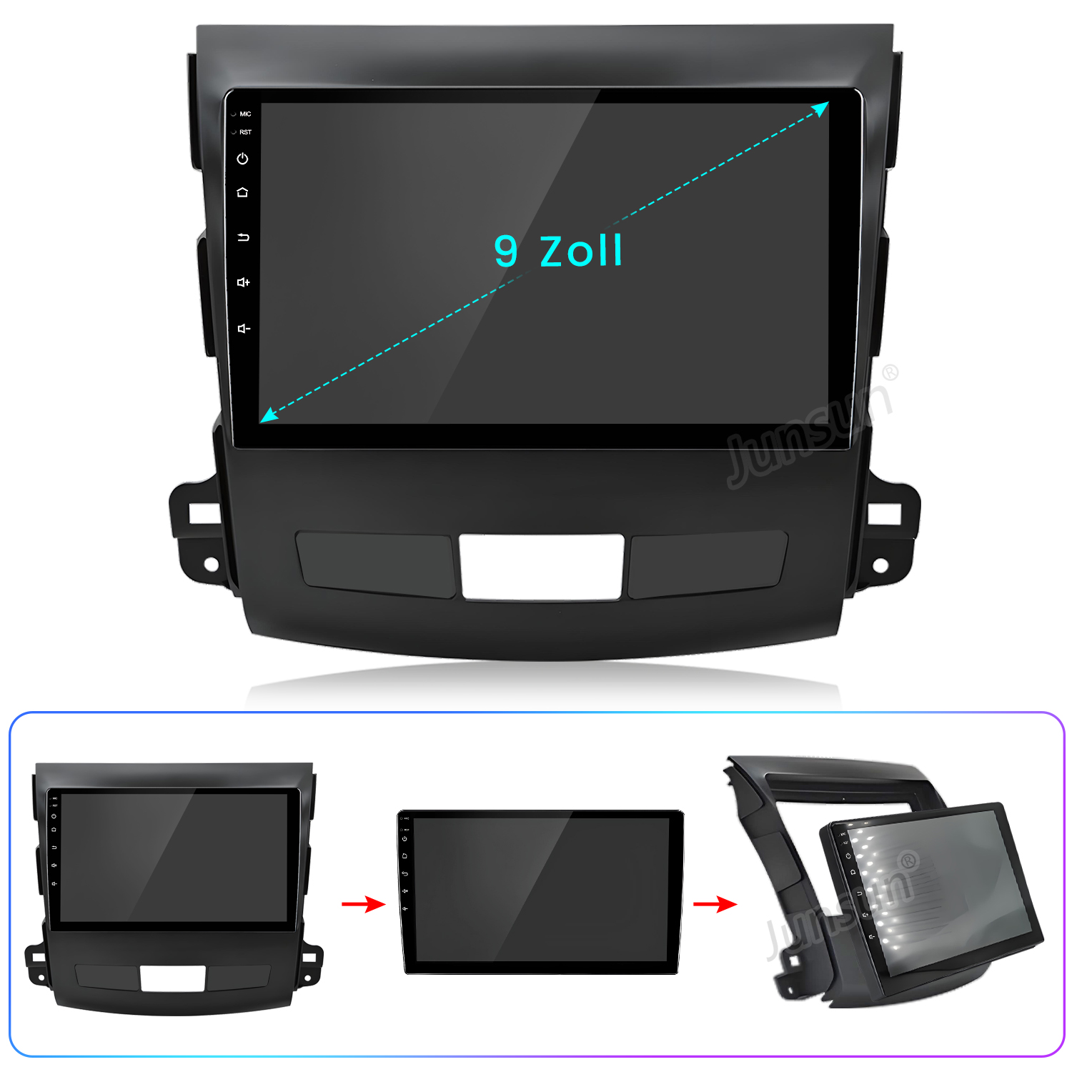 Ein 9-Zoll-Autoradio-Display mit Bedienfeld und Installationsdiagramm.