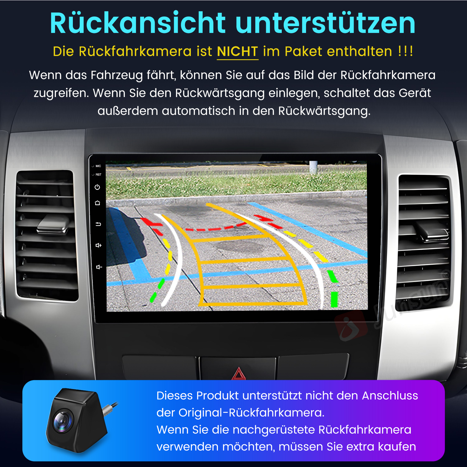 Ein Autoradio zeigt eine Rückfahrkamera-Ansicht mit Parklinien.