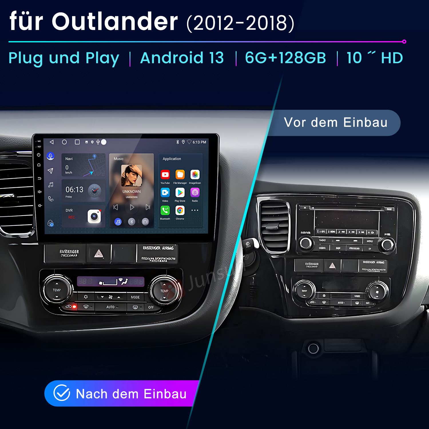Ein Auto-Infotainmentsystem vor und nach dem Einbau für Outlander.