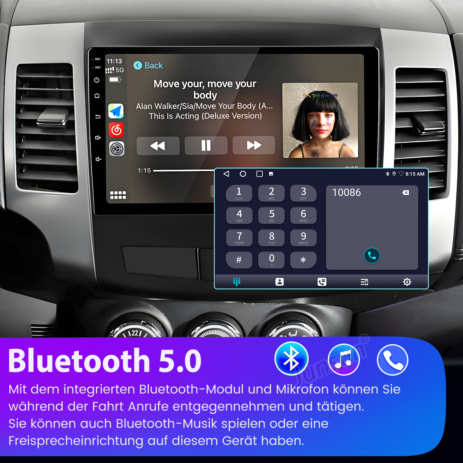 Ein Autoradio-Bildschirm zeigt Musik und eine Tastatur an. Unten steht Bluetooth 5.0.