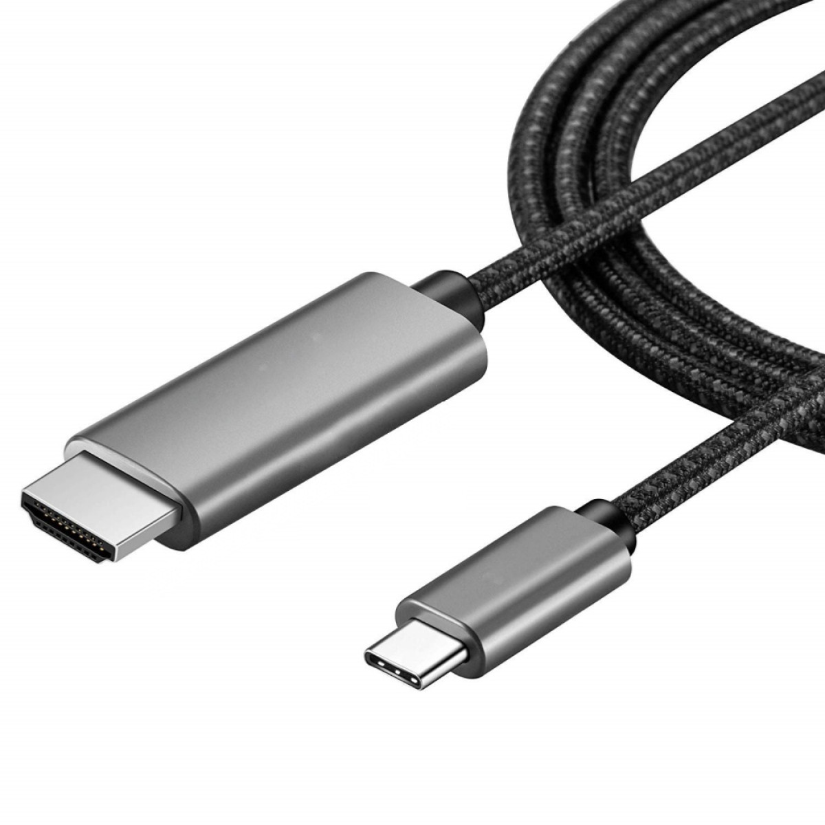Un cable USB-C gris con adaptador HDMI sobre fondo blanco.