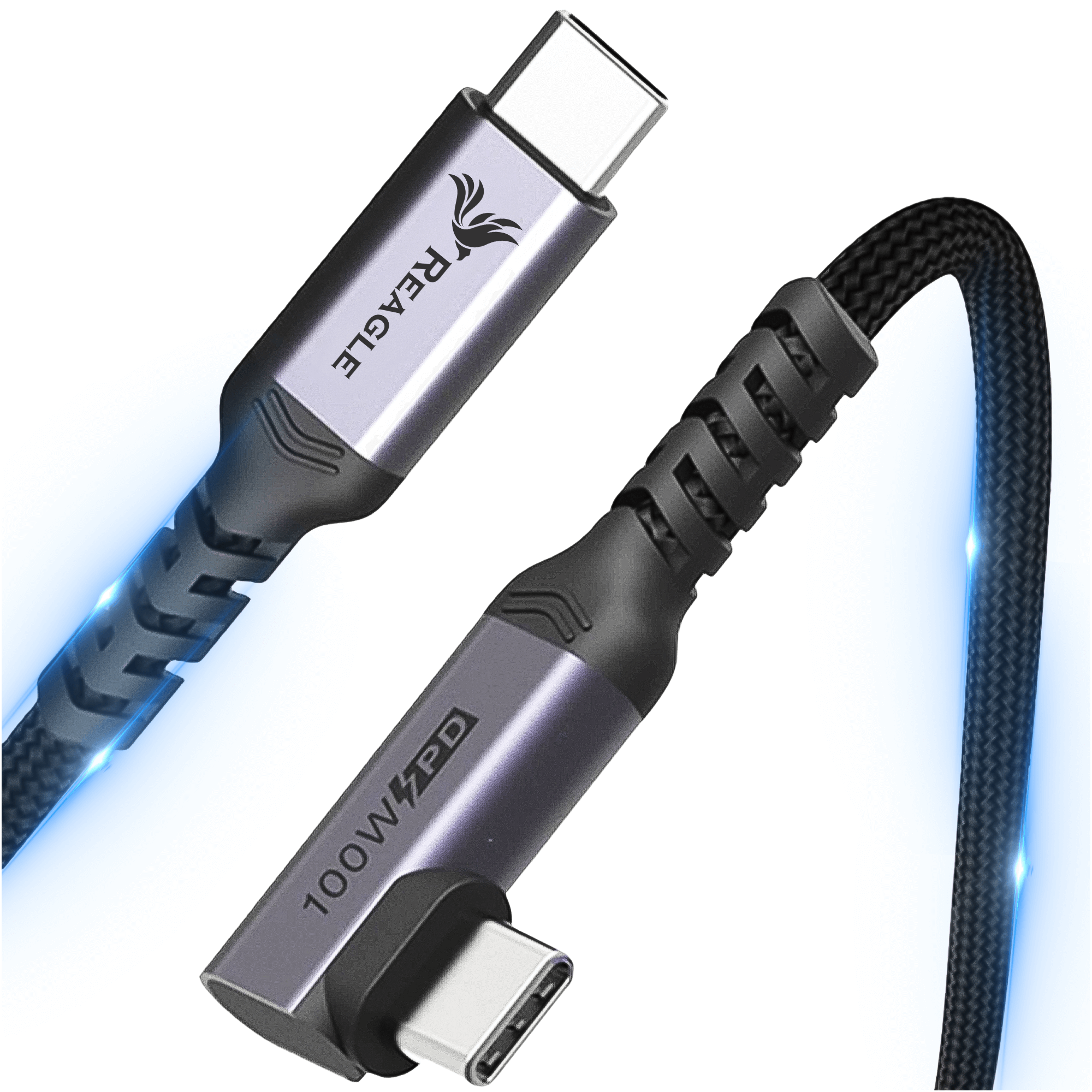 Czarny kabel USB-C ze srebrnymi złączami i niebieskim podświetleniem.