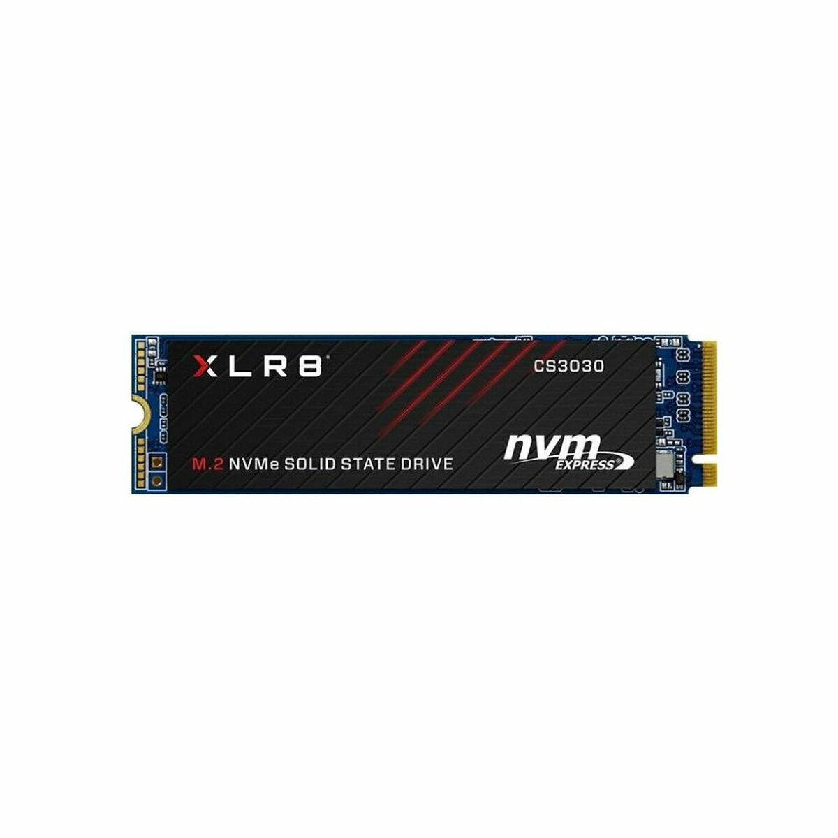 Un SSD M.2 NVMe nero con accenti a strisce rosse e logo XLR8.