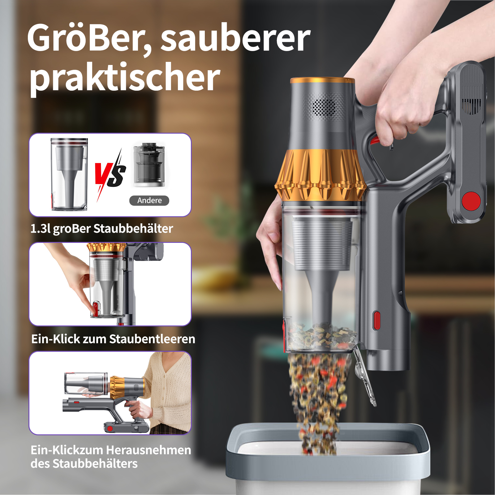 Ein Staubsauger entleert Dreck in einen Behälter. Vergleichsbilder zeigen Funktionen.