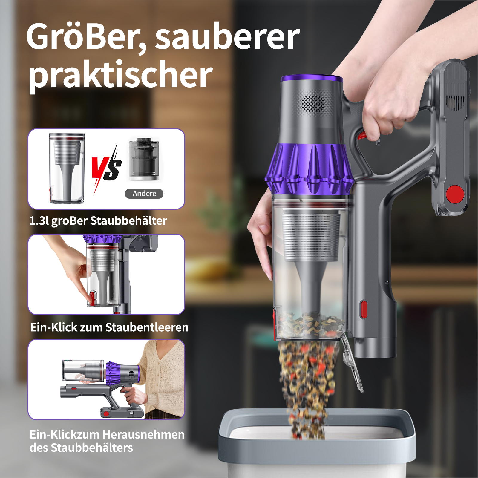 Ein Handstaubsauger entleert seinen Staubbehälter in einen Mülleimer.